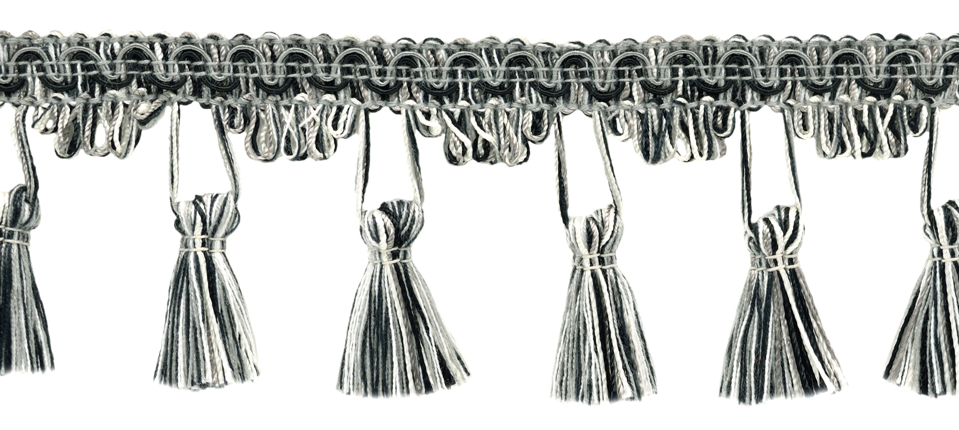 2.5 Inch Black, Medium Grey, Vanilla Tassel Fringe Trim / Style# TFC025 / Color: Tuxedo - PR23 / Sold By the Yard - DecoPro
