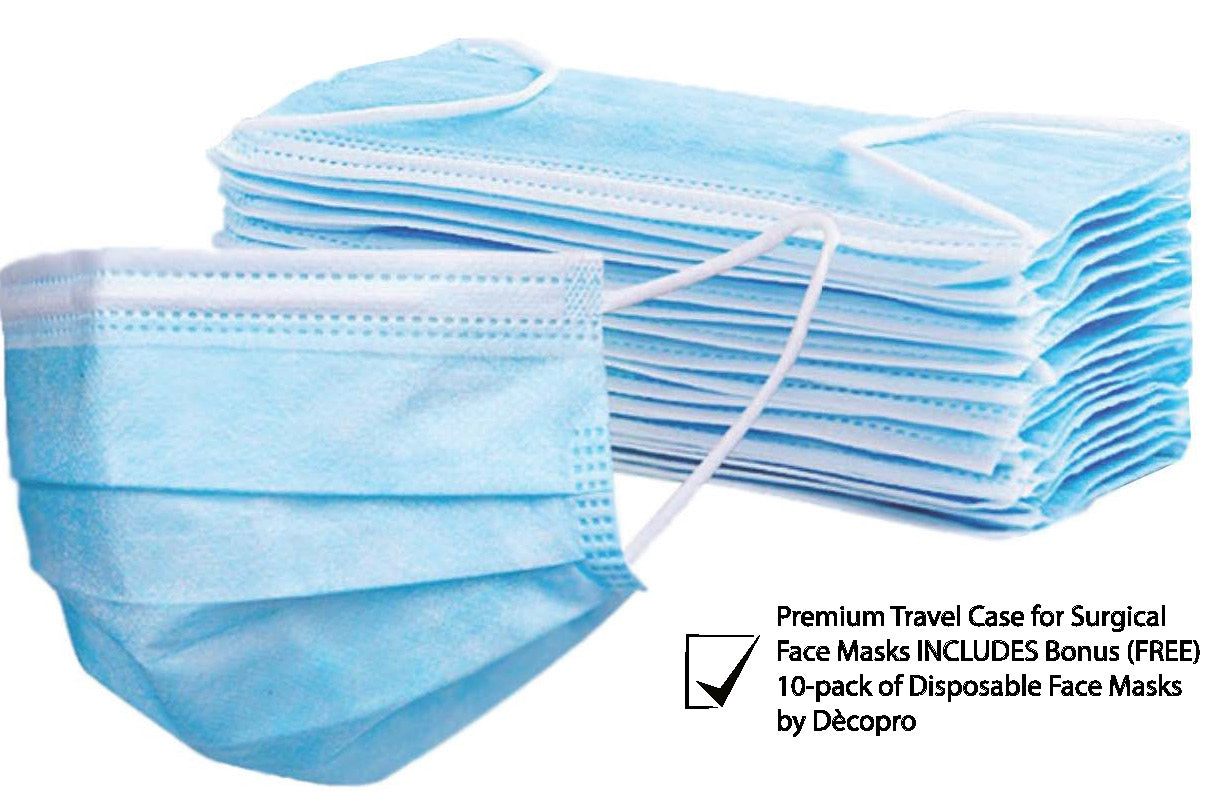 Premium Travel Case for Procedural/Surgical Face Masks with Bonus (FREE) 10-pack of Disposable Face Masks / Manufactured for and Sold Exclusively by DecoPro - DecoPro