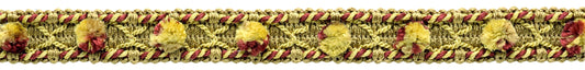3/4" (1.5cm) Ellora Collection Fancy Gimp Braid Trim with Poms (Style# 0075ELG) | Sold By The Yard (36"/3 ft/0.9m) Brick Beige Gold Multicolor #EL09 (Dark Gold, Brick Red, Yellow Gold) - DecoPro