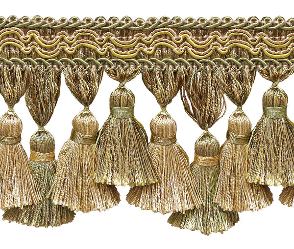 Light Olive Green, Light Gold with Beige 3 3/4 inch Imperial II Tassel Fringe Style# TFI2 Color: WINTER PRAIRIE - 2935 (Sold by The Yard)