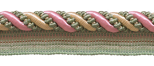 Large Dusty Rose, Pastel Green, Light Gold 7/16 inch Imperial II Lip Cord Style# 0716I2 Color: ROSE GARDEN - 3549 (Sold by The Yard)