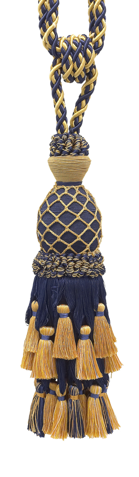 Lavish Dark Navy Blue, Gold Large Curtain & Drapery Tassel Tieback / Large 11 inch tassel, 34 inch Spread(embrace), 7/16 inch Cord, Imperial II Collection Style# TBIL-1 Color: NAVY GOLD - 1152 - DecoPro