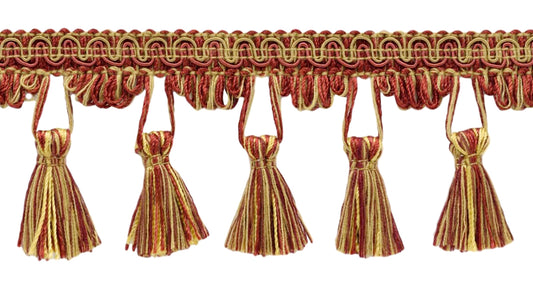 2.5 Inch Camel Beige, Molten Lava, Beachwood, Brick Dust, Dark Rust, Chinese Red Tassel Fringe Trim / Style# TFC025 / Color: Sunset - PR15 / Sold By the Yard - DecoPro