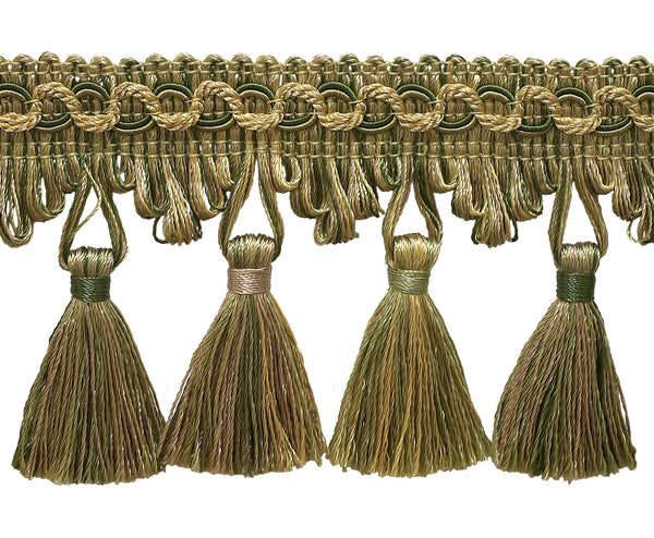 Olive Green, Champagne 2 3/4 inch Imperial II Tassel Fringe Style# NT2502 Color: SAGEGRASS - 4567 (Sold by The Yard)
