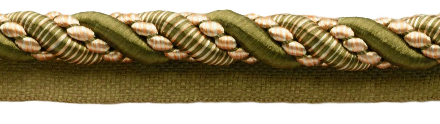 Large 7/16 inch Olive Green Light Gold White, Noblesse Collection Lip Cord Style# 0716H Color: 010 - Olive Garden (Sold by The Yard) - DecoPro