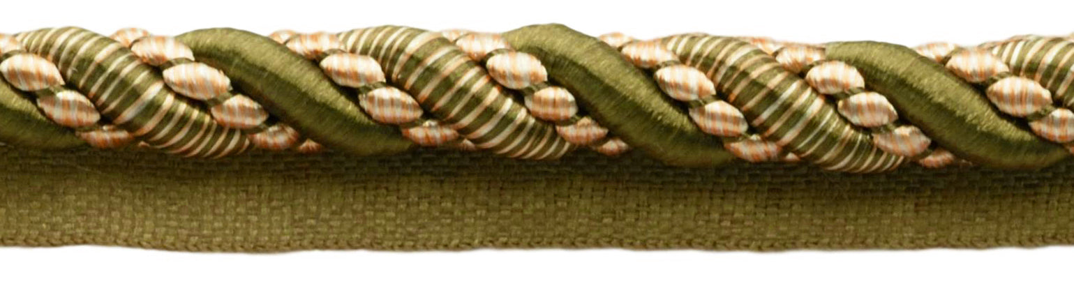 Large 7/16 inch Olive Green Light Gold White, Noblesse Collection Lip Cord Style# 0716H Color: 010 - Olive Garden (Sold by The Yard) - DecoPro