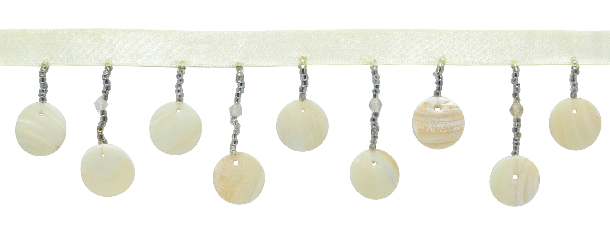 2" (5cm) Beautiful Handcrafted Flat Round Mother of Pearl | Fringe Trim (Style# B40646-GL), #OW Solid / White Ivory - 12 Yards - DecoPro