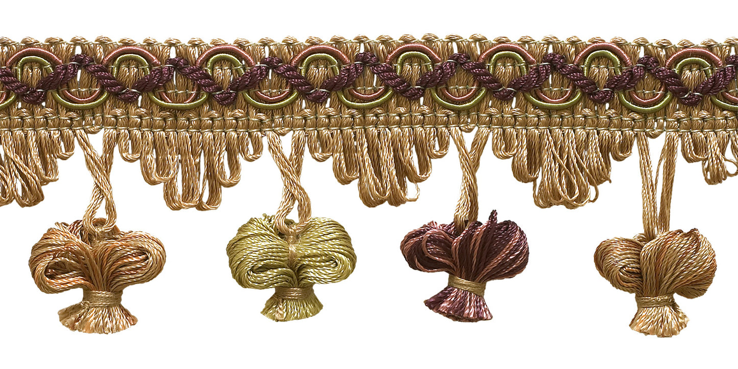 Dusty Rose,Olive Green, Eggplant 2 inch Imperial II Onion Tassel Fringe Style# NT2503 Color: OLIVE ROSE - 1010 (Sold by The Yard) - DecoPro