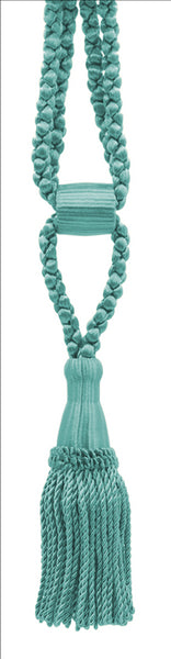 Set of 2 Light Aqua Blue Decorative Tassel Tiebacks / 5 1/2 inch Tassel Length / 24 inch Spread (embrace) / STYLE#: TBC055-SPR24 (8362) / COLOR: Ocean Blue - M17