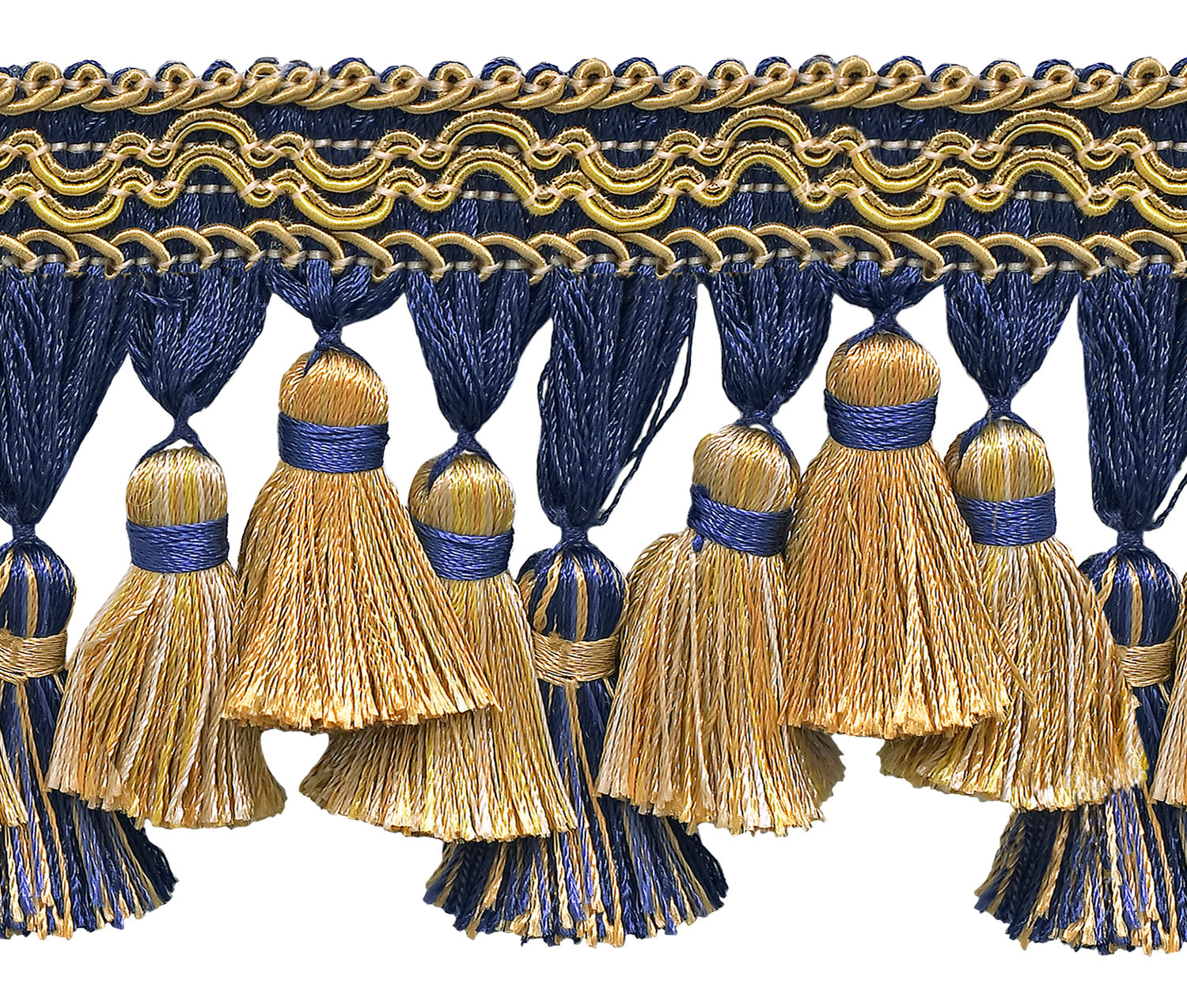 Gold, Navy Blue 3 3/4 inch Imperial II Tassel Fringe Style#Tfi2 Color: Navy Blue Gold - 1152 (Sold by The Yard)