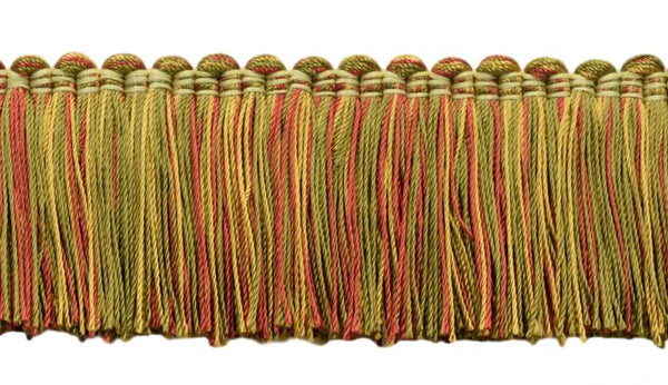 12 Yard Package - Alexander Collection 2 inch Brush Fringe Trim / Green, Red, Gold / Style#: 0200AXB (21763) / Color: Peony - LX07 (15 ft/4.6 M)