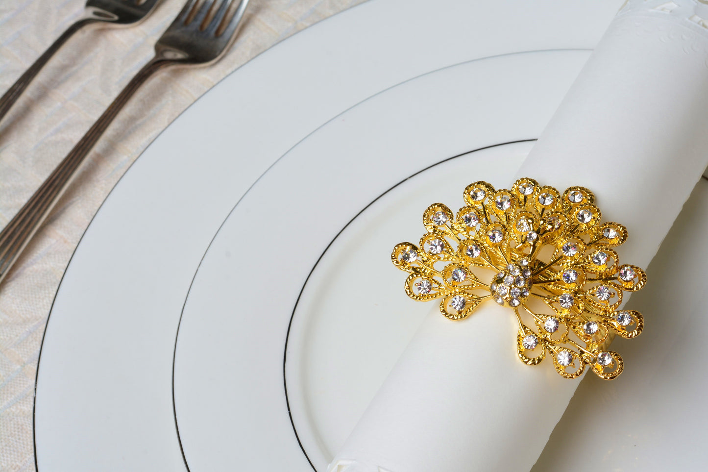 Set of 2 Beautiful, Premium Quality faux diamond Peacock design Gold Napkin Rings for dinners, holidays and weddings NR50311-G - DecoPro