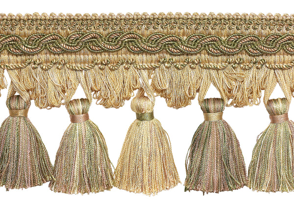 Beige, Olive Green, Champagne 4 inch Baroque Tassel Fringe Style# TFB1 Color: WINTER MEADOW - 6939 (Sold by The Yard)