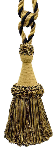 Black, Gold, Camel Beige Large Multi-Color Tassel Tieback with Looped Accents / 8 inches long Tassel, 30 inches Spread (embrace) / Style# TBDK8 (11808) Color: Havana - N18