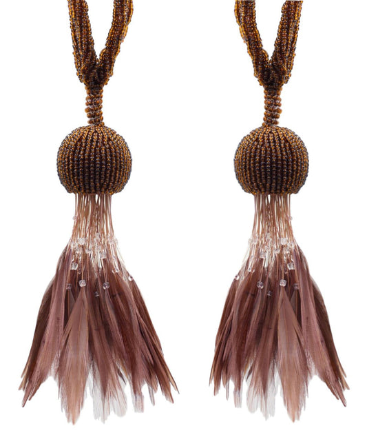 Set of 2 / Brown Beaded Feathered Tassel Tieback / 5 inch long Tassel, 23 inch Spread (embrace) / Style# TBBDFEATHER5 (9457) Color: Toasted Chestnut - 101884 - DecoPro