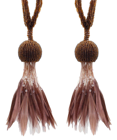 Set of 2 / Brown Beaded Feathered Tassel Tieback / 5 inch long Tassel, 23 inch Spread (embrace) / Style# TBBDFEATHER5 (9457) Color: Toasted Chestnut - 101884