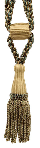 Light Peacock Blue Color, Camel Gold Decorative Tassel Tiebacks / 5 1/2 inch Tassel Length / 24 inch Spread (embrace) / STYLE#: TBC055-SPR24 (8362) / COLOR: PR24