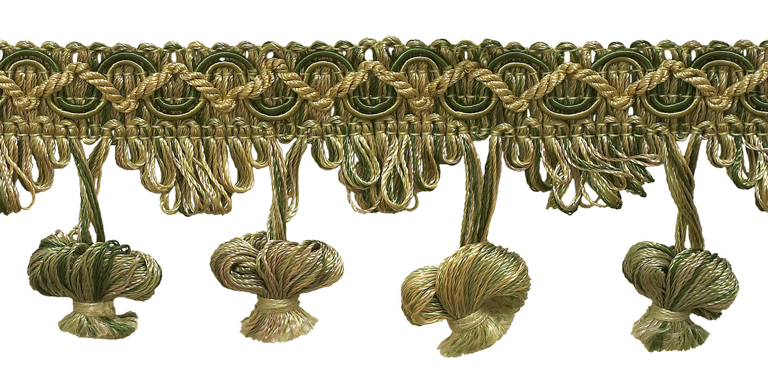 Olive Green, Champagne 2 inch Imperial II Onion Tassel Fringe Style# NT2503 Color: SAGEGRASS - 4567 (Sold by The Yard) - DecoPro