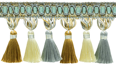6 Yard Value Pack / Elegant 3 3/4 inch Long Silver Blue, Gold, Off White Tassel Fringe / Style# TFH4, Color: Island Breeze - 5939 (18 Ft / 5.5 Meters)