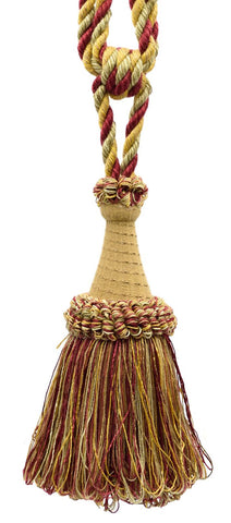 Set of 4 / Cherry, Burgundy, Camel Gold, Old Gold, Artichoke, Light Green Large Multi-Color Tassel Tieback with Looped Accents / 8 inches long Tassel, 30 inches Spread / # TBDK8 (11808) Color: N47