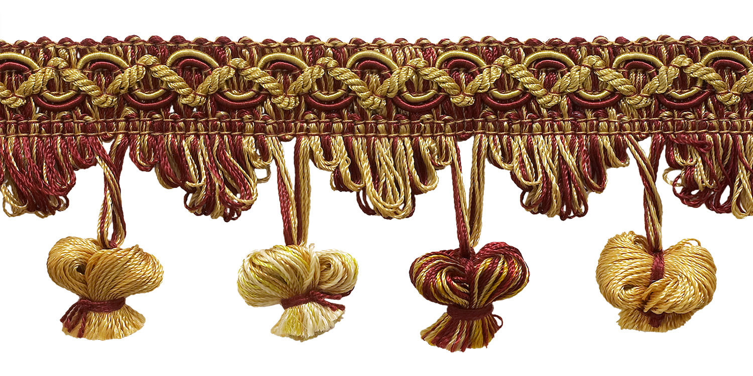 Burgundy Red, Gold 2 inch Imperial II Onion Tassel Fringe Style# NT2503 Color: BURGUNDY GOLD - 1253 (Sold by The Yard) - DecoPro
