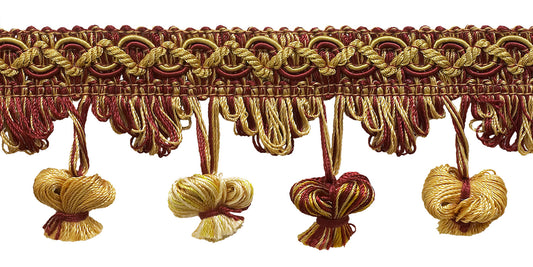 Burgundy Red, Gold 2 inch Imperial II Onion Tassel Fringe Style# NT2503 Color: BURGUNDY GOLD - 1253 (Sold by The Yard) - DecoPro