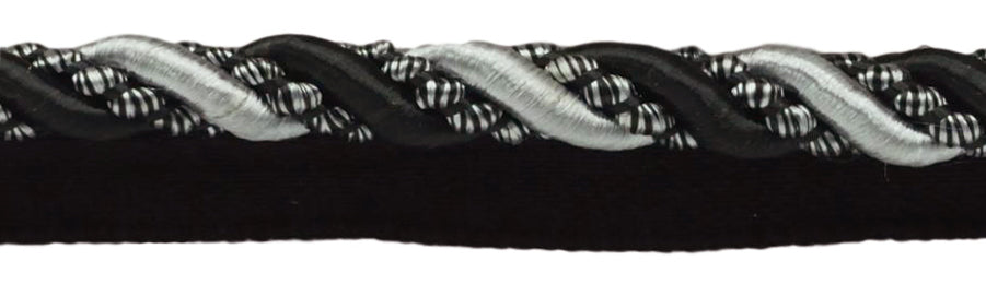 Large 7/16 inch Noblesse Collection Lip Cord Style# 0716H Color: Black, Silver Grey - SGB (Sold by The Yard) - DecoPro