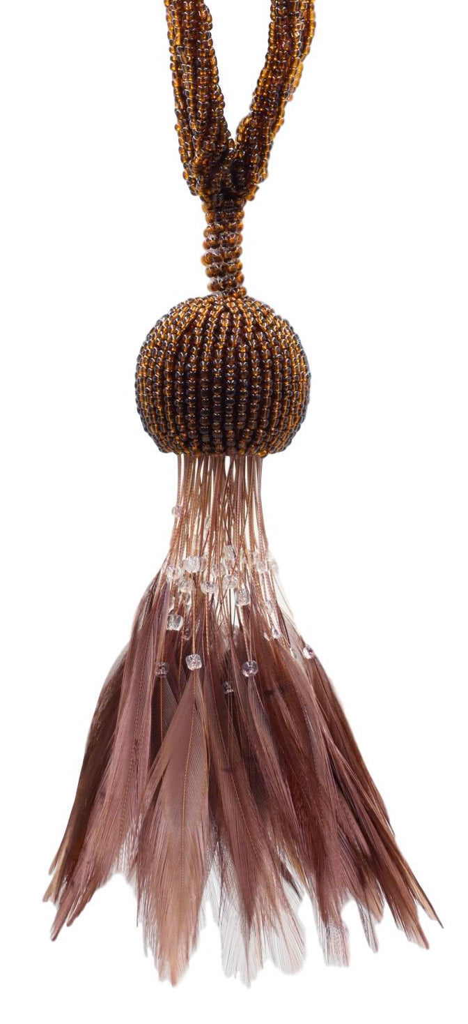 Brown Beaded Feathered Tassel Tieback / 5 inch long Tassel, 23 inch Spread (embrace) / Style# TBBDFEATHER5 (9457) Color: Toasted Chestnut - 101884 - DecoPro